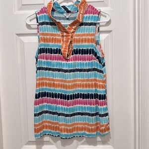 Crown & Ivy Sleeveless Ruffle Neck Blouse Top Size M Stripe Multicolor Rayon